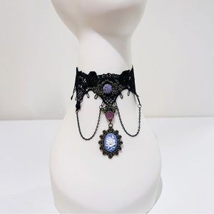 Black Lace Crochet Purple Pendant Chain Drop Chain Victorian Choker Necklace